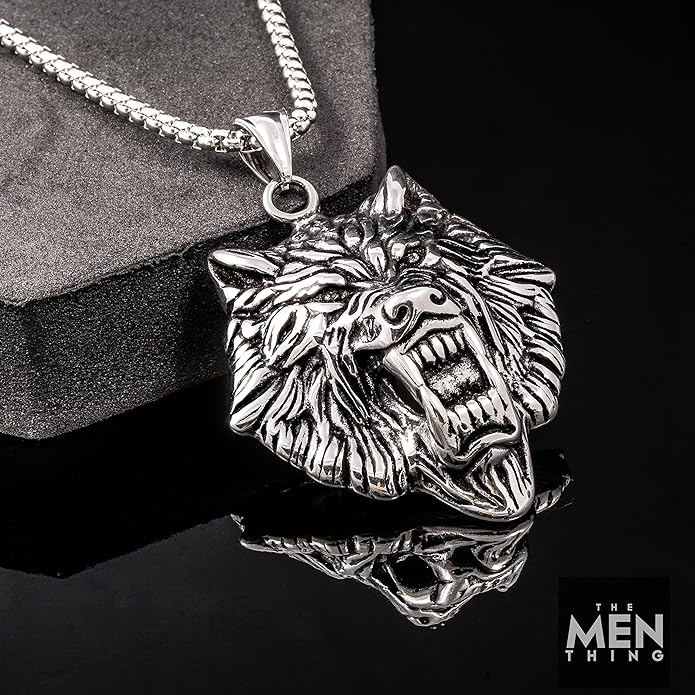 Angry Wolf - Pure Titanium Steel Wolf Pendant With 24Inch Round Box Chain For Men & Boys