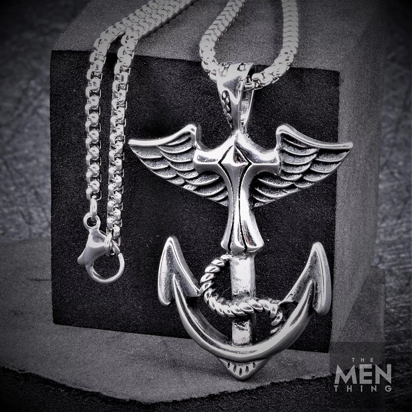 THE MEN THING Pendant for Men - Pure Titanium Steel Cross Anchor Pendant with 24inch Round Box Chain for Men & Boys