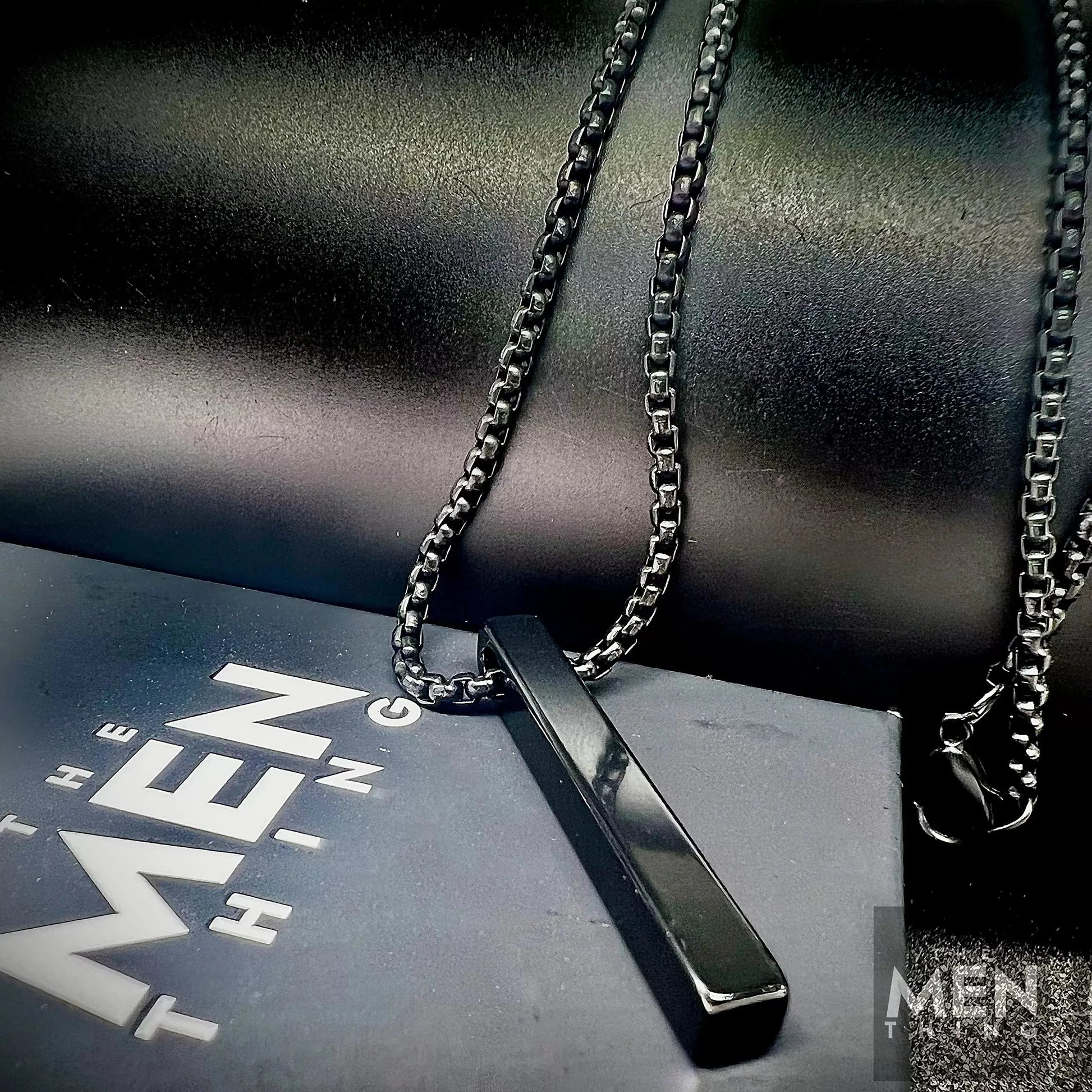 THE MEN THING Pendant for Men - Pure Titanium Steel Black Vertical Bar Pendant with 24inch Round Box Chain for Men & Boys