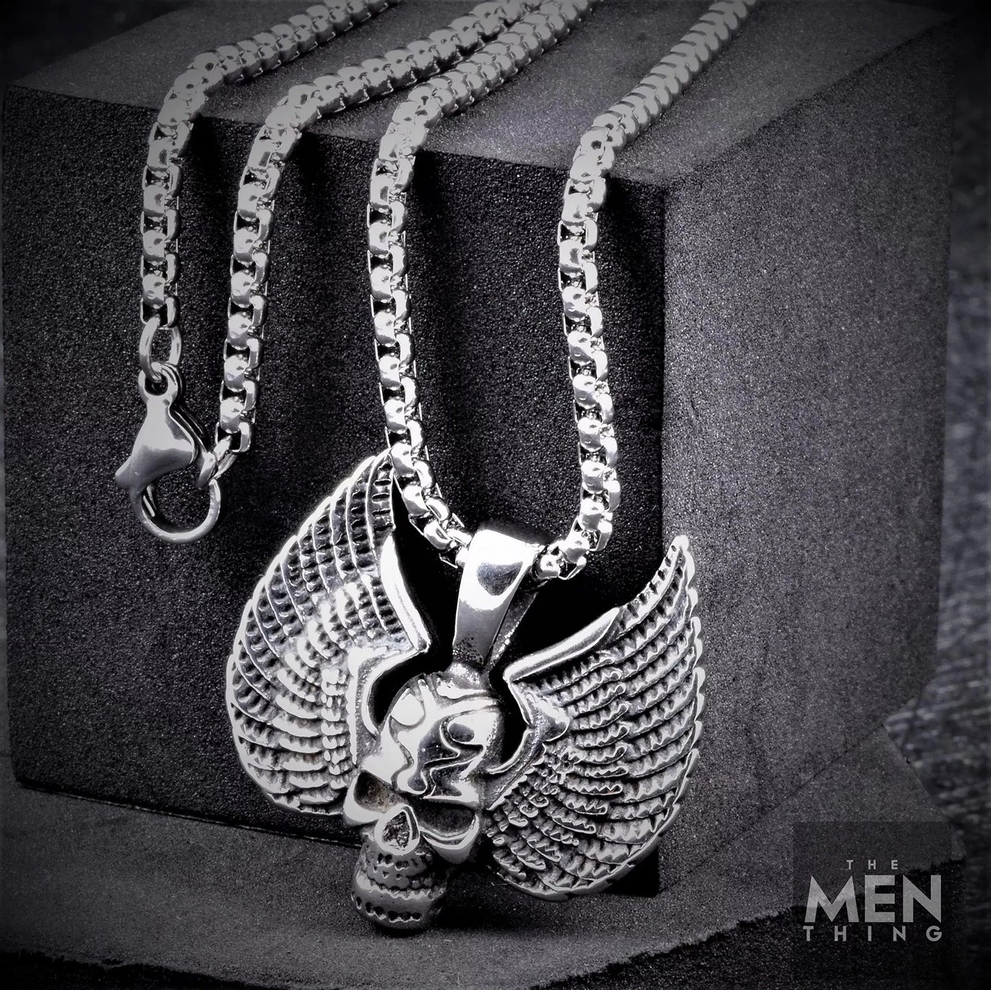 THE MEN THING Pendant for Men - Pure Titanium Steel Wing Skull Pendant with 24inch Round Box Chain for Men & Boys