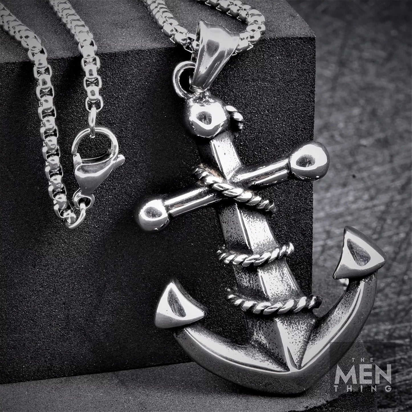 THE MEN THING Pendant for Men - Pure Titanium Steel Nautical Anchor Pendant with 24inch Round Box Chain for Men & Boys