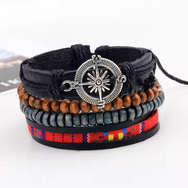 ADVENTURE STACK -  4 Pcs Genuine Braided Leather Bracelet Set for Men & Boys (8 inch)
