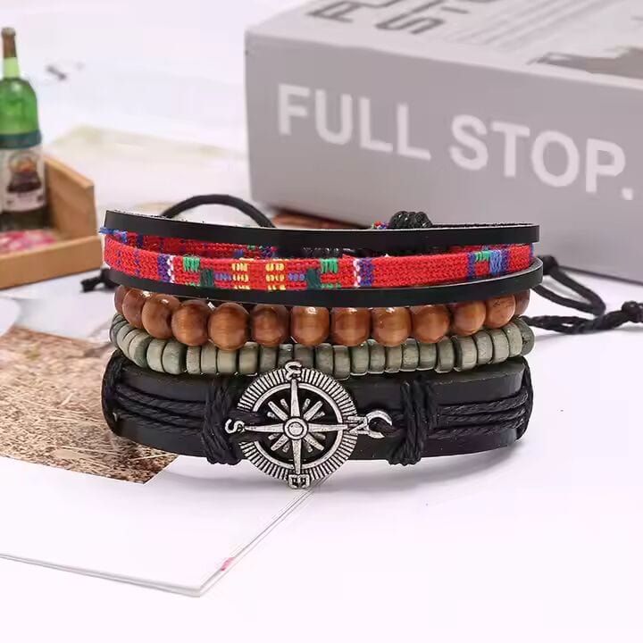 ADVENTURE STACK -  4 Pcs Genuine Braided Leather Bracelet Set for Men & Boys (8 inch) - THE MEN THING