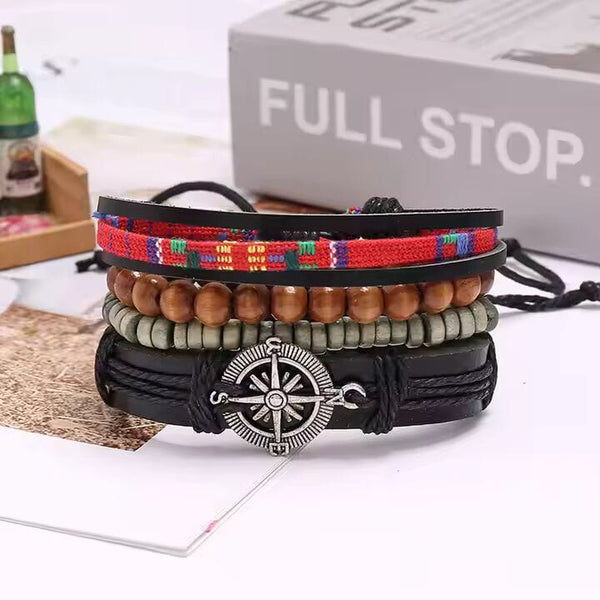 ADVENTURE STACK -  4 Pcs Genuine Braided Leather Bracelet Set for Men & Boys (8 inch)