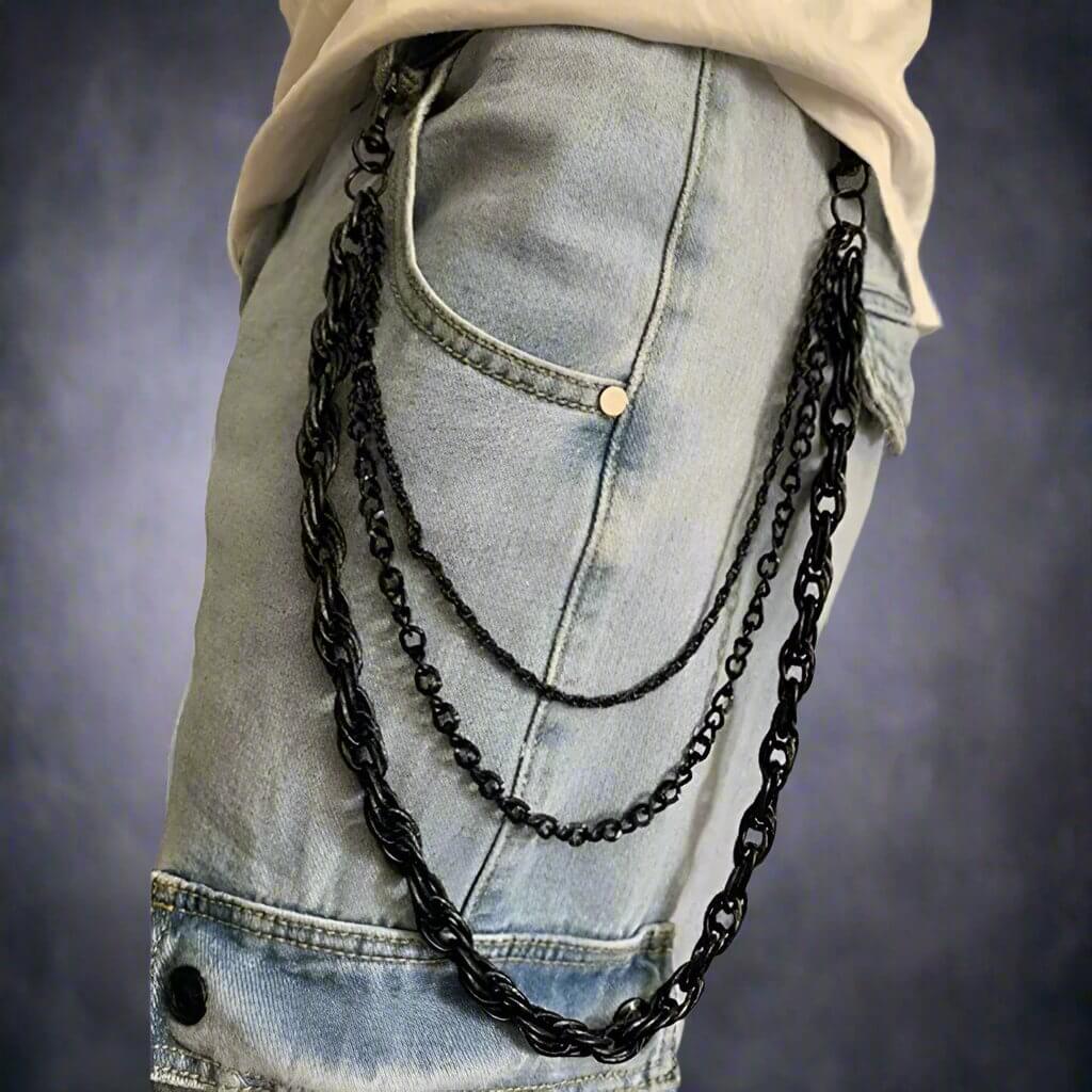 AEGIS CHAIN BLACK - 3pcs Alloy Multi-Layer Long Biker Chain For Jeans with Lobster Clasps for Men & Boys - 36 inch - THE MEN THING
