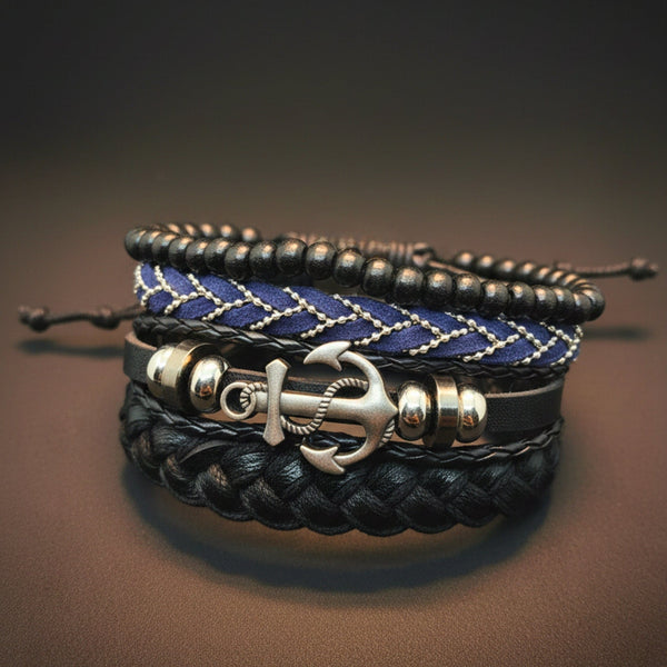 ANCHOR ARMOUR - 4 Pcs Genuine Leather Adjustable Bracelet Set for Men & Boys (8 inch)