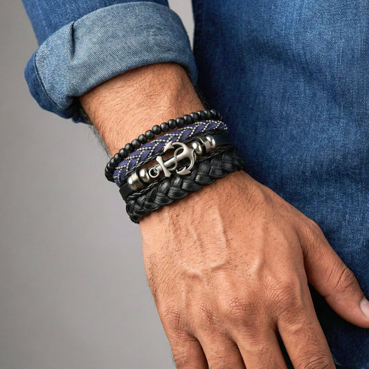 ANCHOR ARMOUR - 4 Pcs Genuine Leather Adjustable Bracelet Set for Men & Boys (8 inch) - THE MEN THING