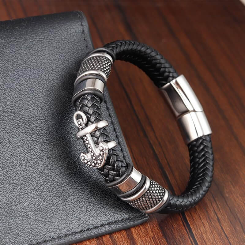 ANCHOR KRAKEN BLACK - Genuine Leather Braided Bracelet with Stainless Steel Magnetic Buckle for Men & Boys (8 inch) - THE MEN THING
