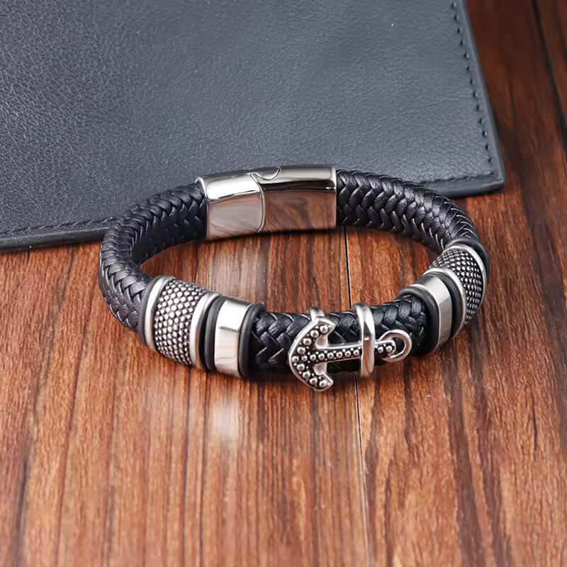 ANCHOR KRAKEN BLACK - Genuine Leather Braided Bracelet with Stainless Steel Magnetic Buckle for Men & Boys (8 inch) - THE MEN THING