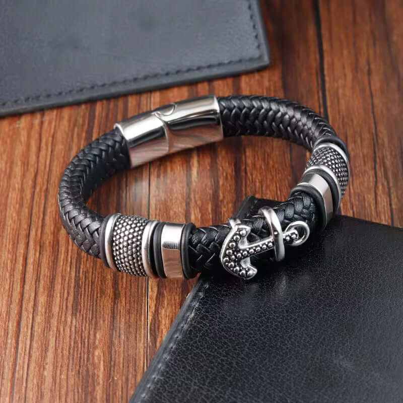 ANCHOR KRAKEN BLACK - Genuine Leather Braided Bracelet with Stainless Steel Magnetic Buckle for Men & Boys (8 inch) - THE MEN THING