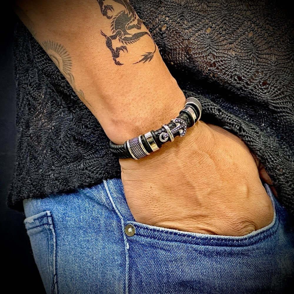 ANCHOR KRAKEN BLACK - Genuine Leather Braided Bracelet with Stainless Steel Magnetic Buckle for Men & Boys (8 inch) - THE MEN THING
