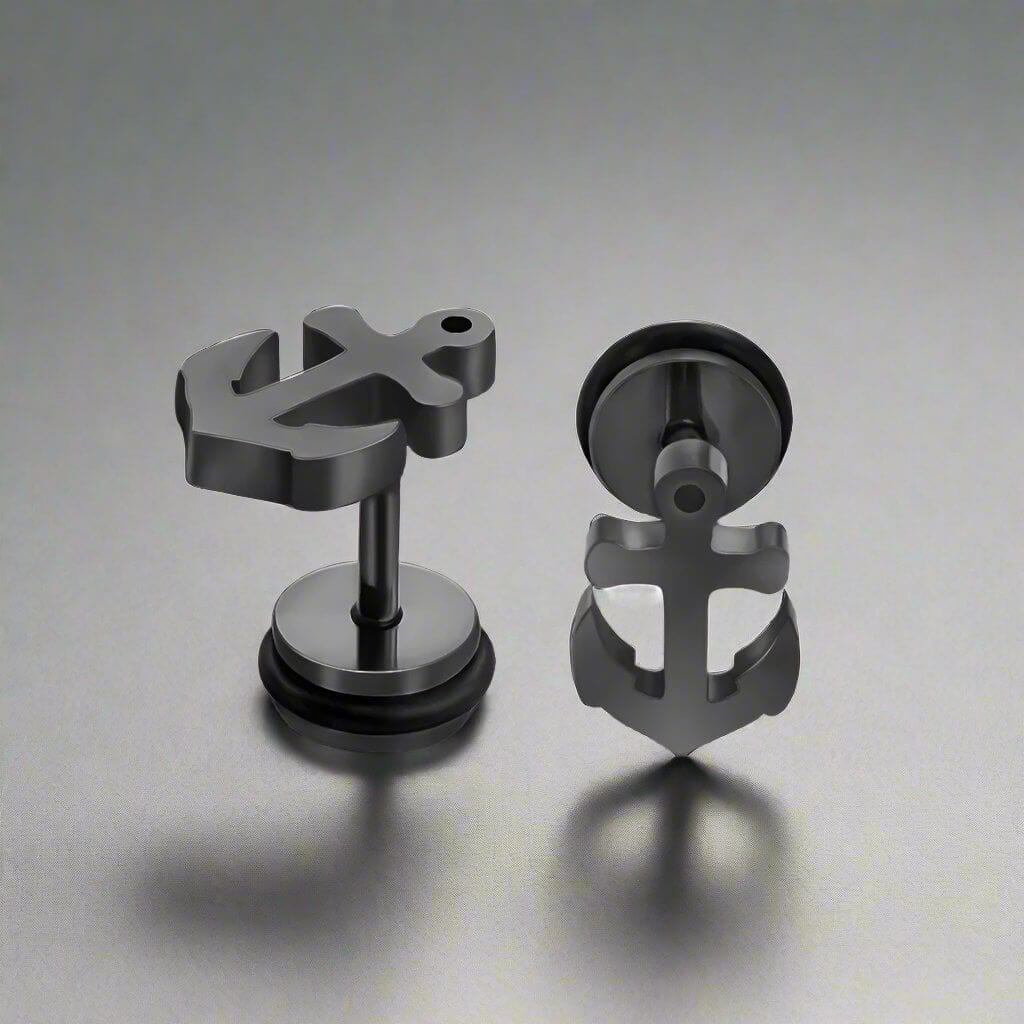 ANCLA ANCHOR BLACK - Pure Titanium Steel Piercing Ear Earrings for Men & Boys (2 Pcs) - THE MEN THING