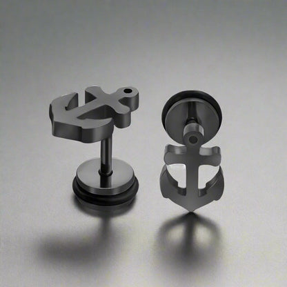 ANCLA ANCHOR BLACK - Pure Titanium Steel Piercing Ear Earrings for Men & Boys (2 Pcs) - THE MEN THING