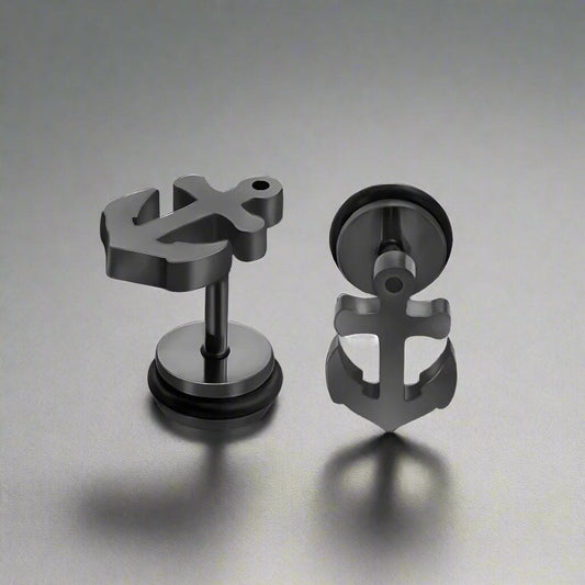 ANCLA ANCHOR BLACK - Pure Titanium Steel Piercing Ear Earrings for Men & Boys (2 Pcs) - THE MEN THING