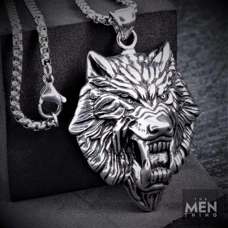 ANGRY  WOLF - Pure Titanium Steel Wolf Pendant with 24inch Round Box Chain for Men & Boys - THE MEN THING