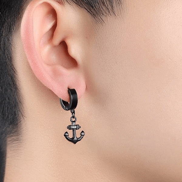 AQUALOCK ANCHOR BLACK - Pure Titanium Steel Ear Hoop Earrings for Men & Boys (2 Pcs) - THE MEN THING
