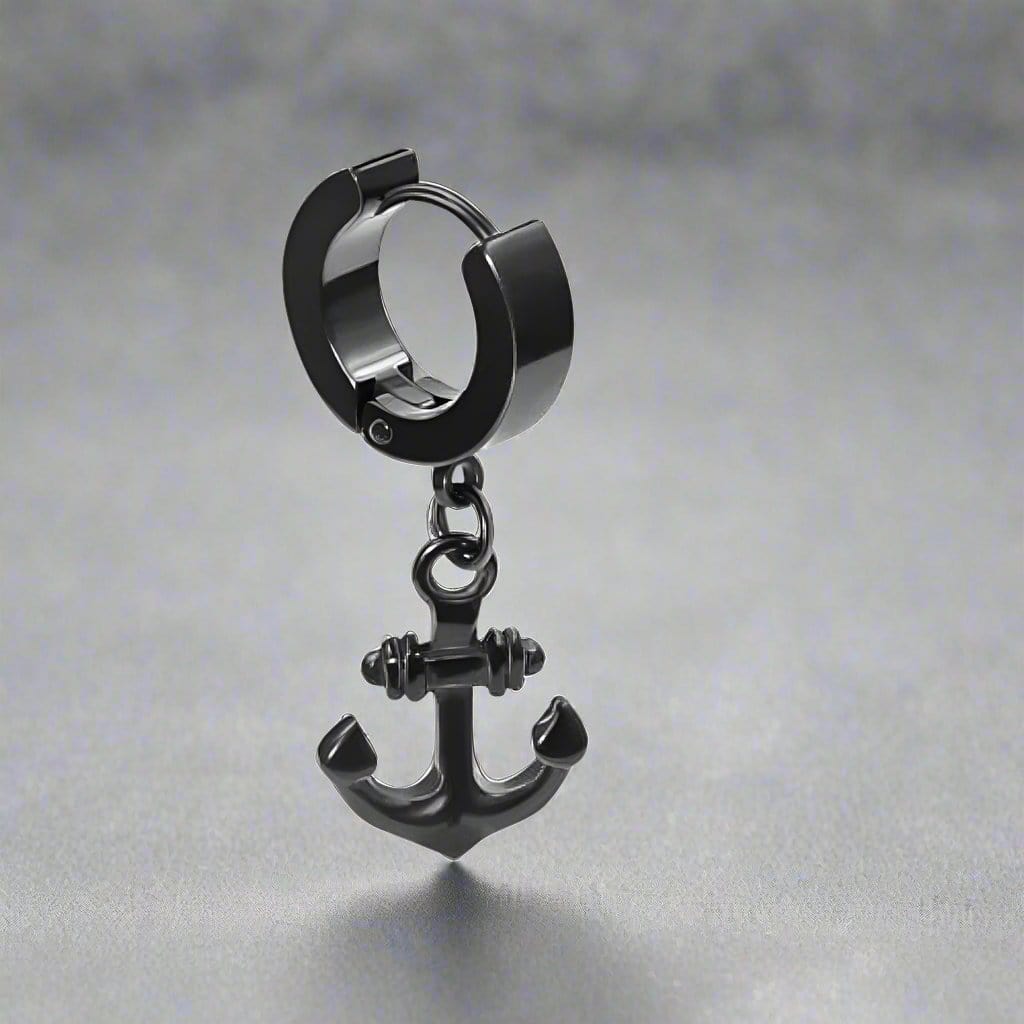 AQUALOCK ANCHOR BLACK - Pure Titanium Steel Ear Hoop Earrings for Men & Boys (2 Pcs) - THE MEN THING