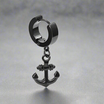 AQUALOCK ANCHOR BLACK - Pure Titanium Steel Ear Hoop Earrings for Men & Boys (2 Pcs) - THE MEN THING
