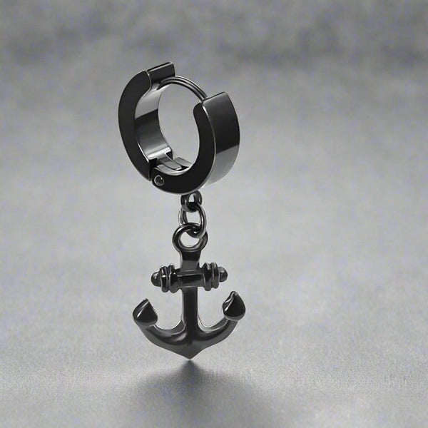 AQUALOCK ANCHOR BLACK - Pure Titanium Steel Ear Hoop Earrings for Men & Boys (2 Pcs)