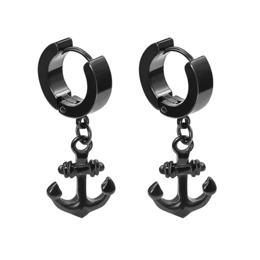 AQUALOCK ANCHOR BLACK - Pure Titanium Steel Ear Hoop Earrings for Men & Boys (2 Pcs) - THE MEN THING