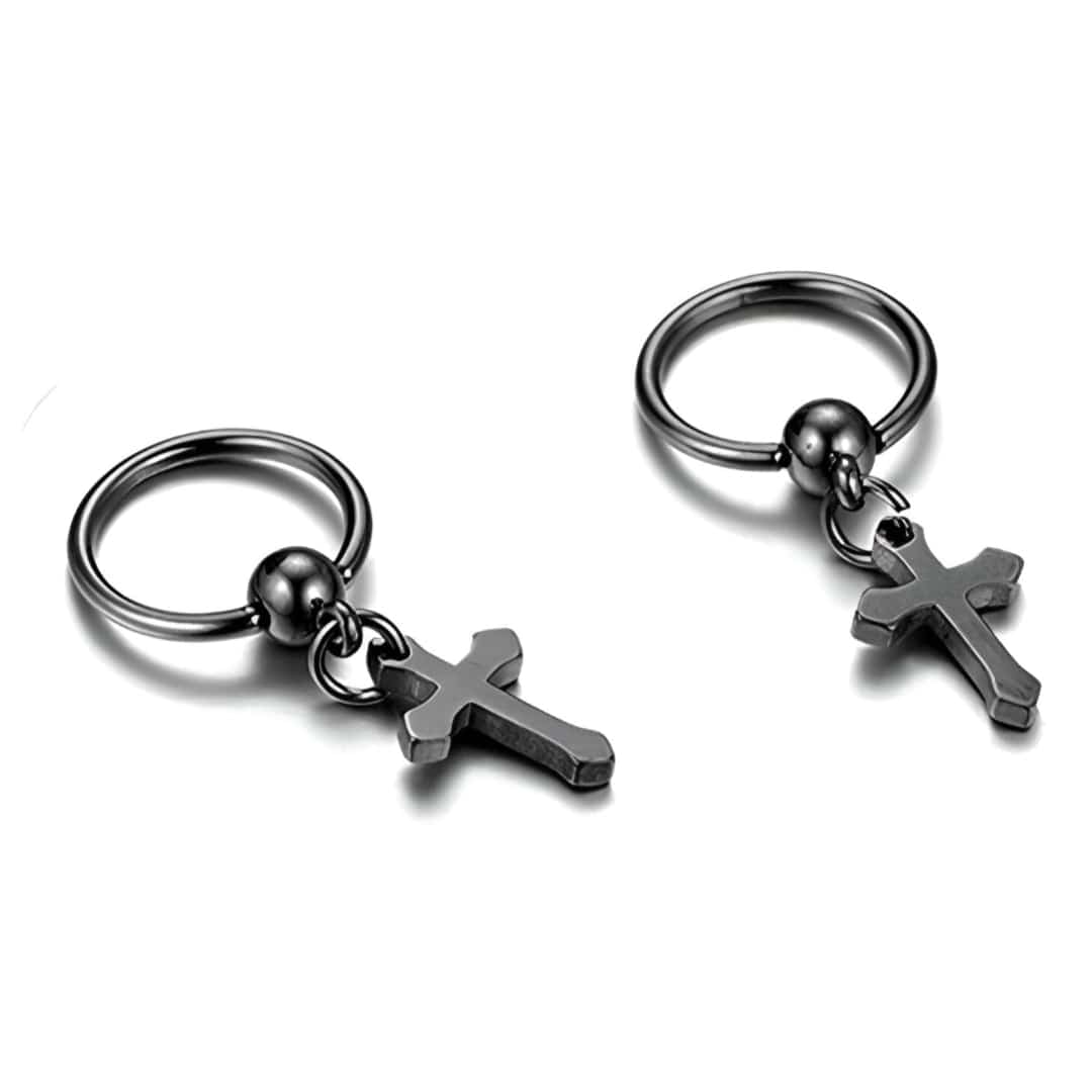 ARCADIA BLACK CROSS DROPS - Titanium Steel Hoop Earrings for Men & Boys (2 Pcs) - THE MEN THING