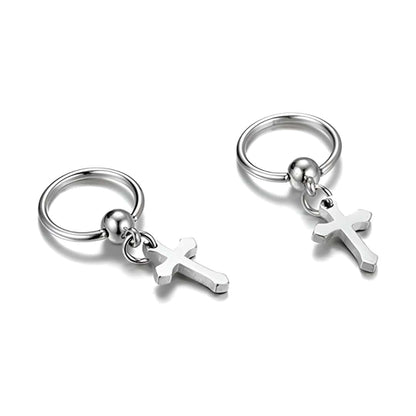 ARCADIA SILVER CROSS DROP - Titanium Steel Hoop Earrings for Men & Boys (2 Pcs) - THE MEN THING