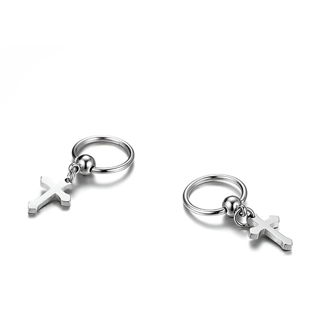 ARCADIA SILVER CROSS DROP - Titanium Steel Hoop Earrings for Men & Boys (2 Pcs) - THE MEN THING