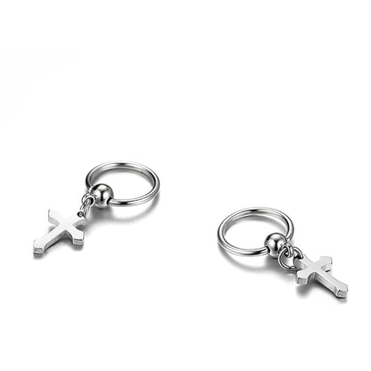 ARCADIA SILVER CROSS DROP - Titanium Steel Hoop Earrings for Men & Boys (2 Pcs) - THE MEN THING