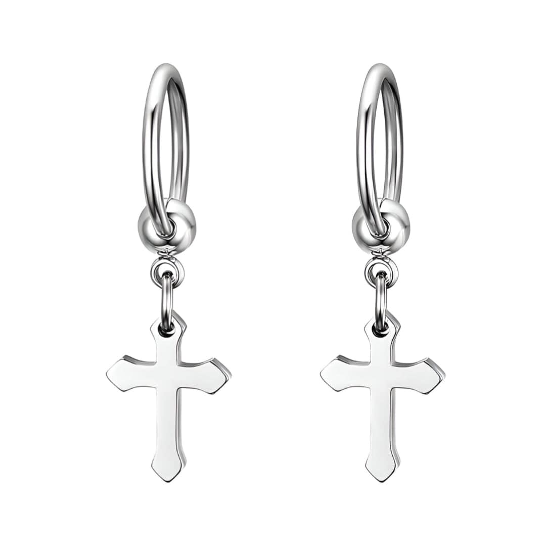 ARCADIA SILVER CROSS DROP - Titanium Steel Hoop Earrings for Men & Boys (2 Pcs) - THE MEN THING