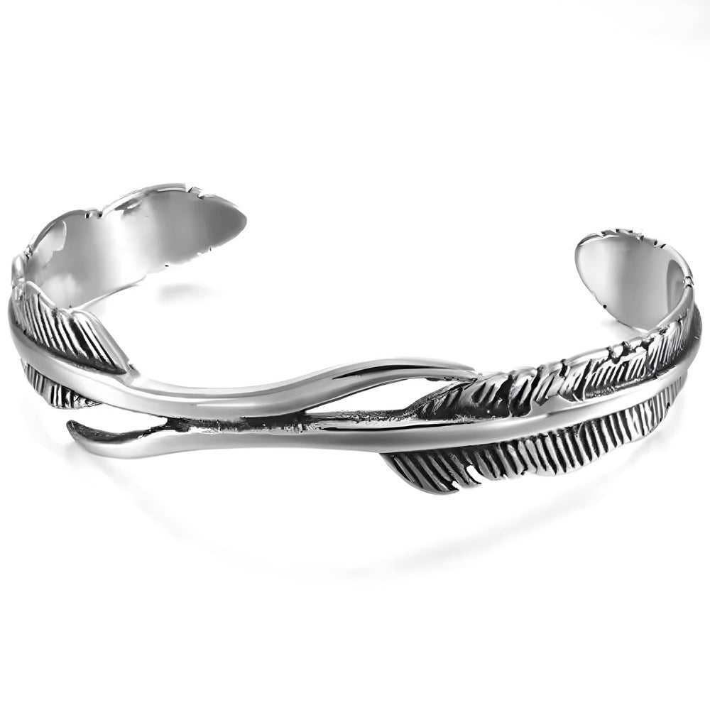 ARGENT FEATHER - Pure Stainless Steel Open Bangle Bracelet (Adjustable) for Men & Boys - THE MEN THING