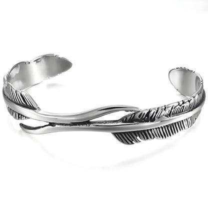 ARGENT FEATHER - Pure Stainless Steel Open Bangle Bracelet (Adjustable) for Men & Boys - THE MEN THING