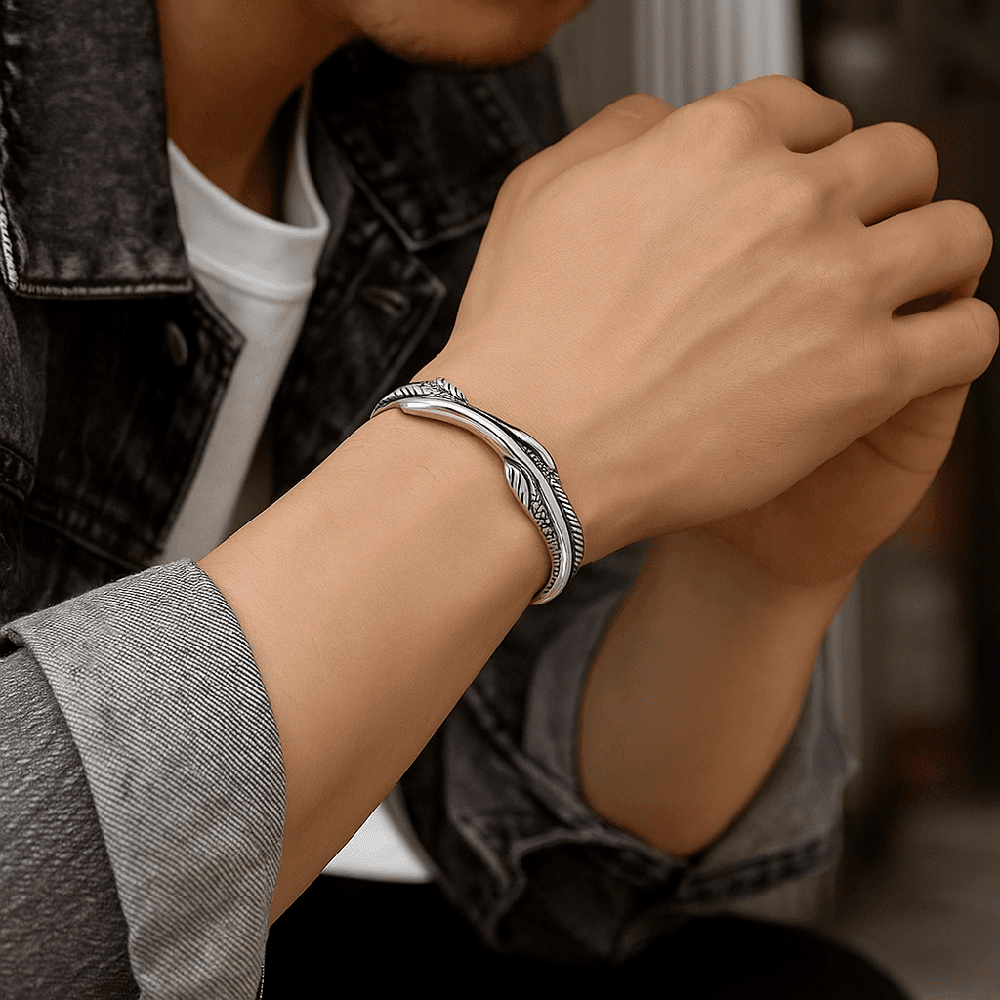 ARGENT FEATHER - Pure Stainless Steel Open Bangle Bracelet (Adjustable) for Men & Boys - THE MEN THING