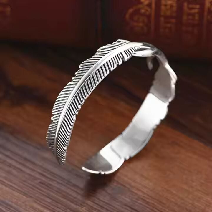 ARGENT FEATHER - Pure Stainless Steel Open Bangle Bracelet (Adjustable) for Men & Boys - THE MEN THING