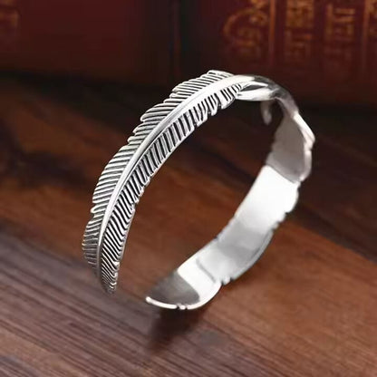 ARGENT FEATHER - Pure Stainless Steel Open Bangle Bracelet (Adjustable) for Men & Boys - THE MEN THING