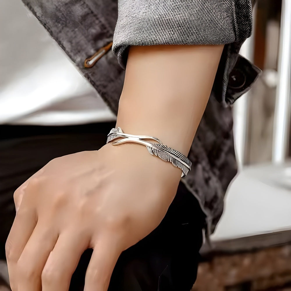 ARGENT FEATHER - Pure Stainless Steel Open Bangle Bracelet (Adjustable) for Men & Boys - THE MEN THING