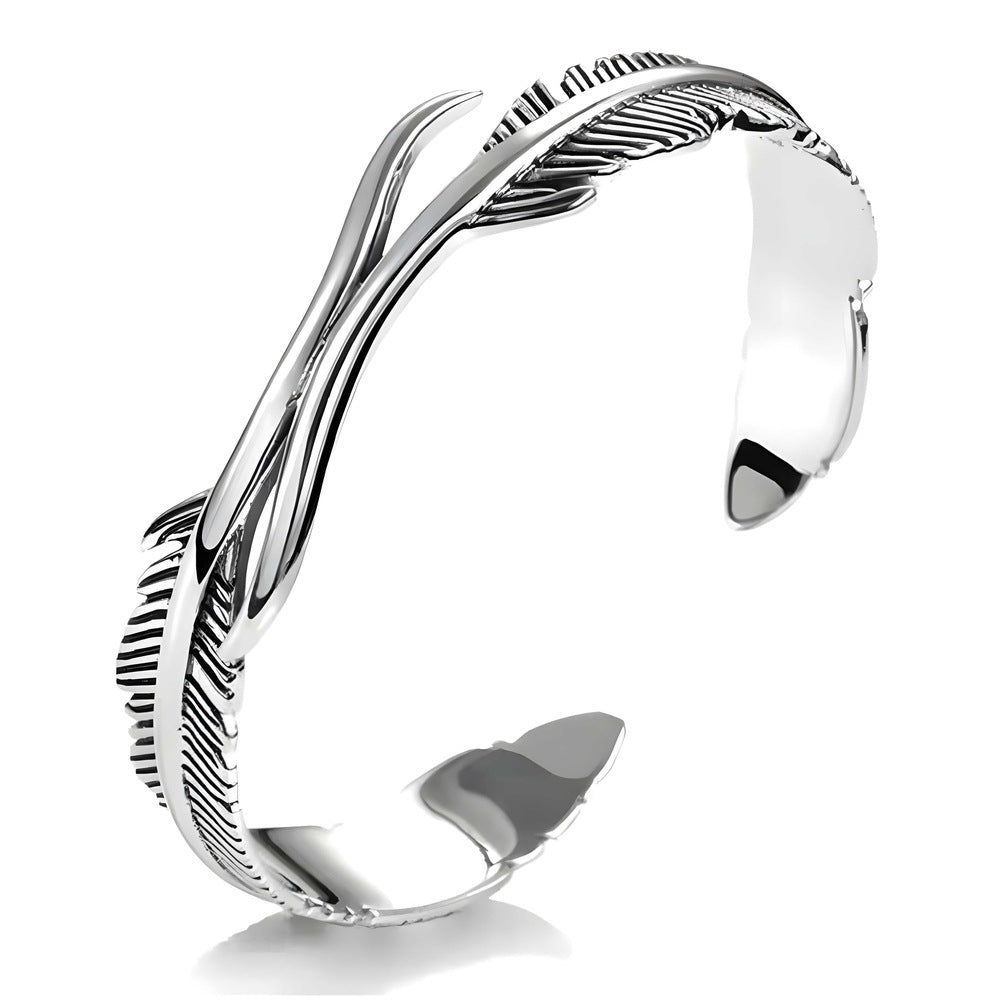 ARGENT FEATHER - Pure Stainless Steel Open Bangle Bracelet (Adjustable) for Men & Boys - THE MEN THING