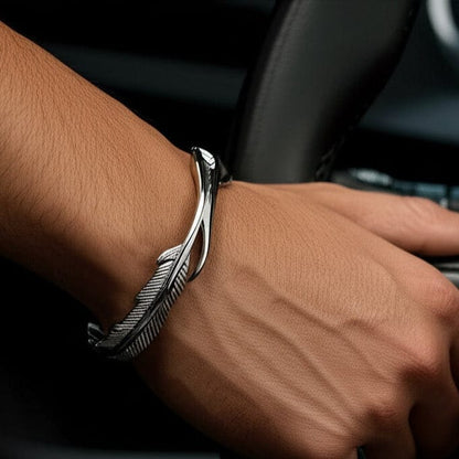 ARGENT FEATHER - Pure Stainless Steel Open Bangle Bracelet (Adjustable) for Men & Boys - THE MEN THING