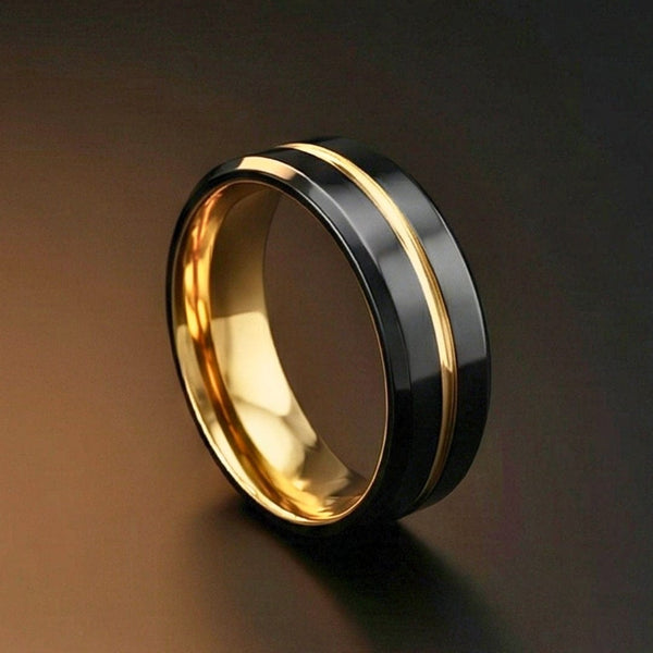 AUREX BLACK NOIR RING - Pure Stainless Steel Men’s Gold-Black Plated Ring (Size : 17-22-27)