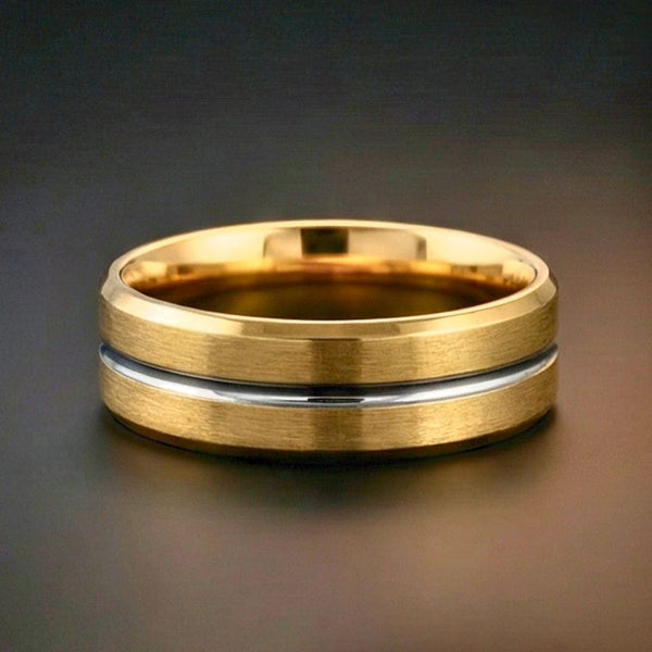 AUREX GOLDEN NOIR RING - Pure Stainless Steel Men’s Gold-Steel Plated Ring (Size : 17-22-27)