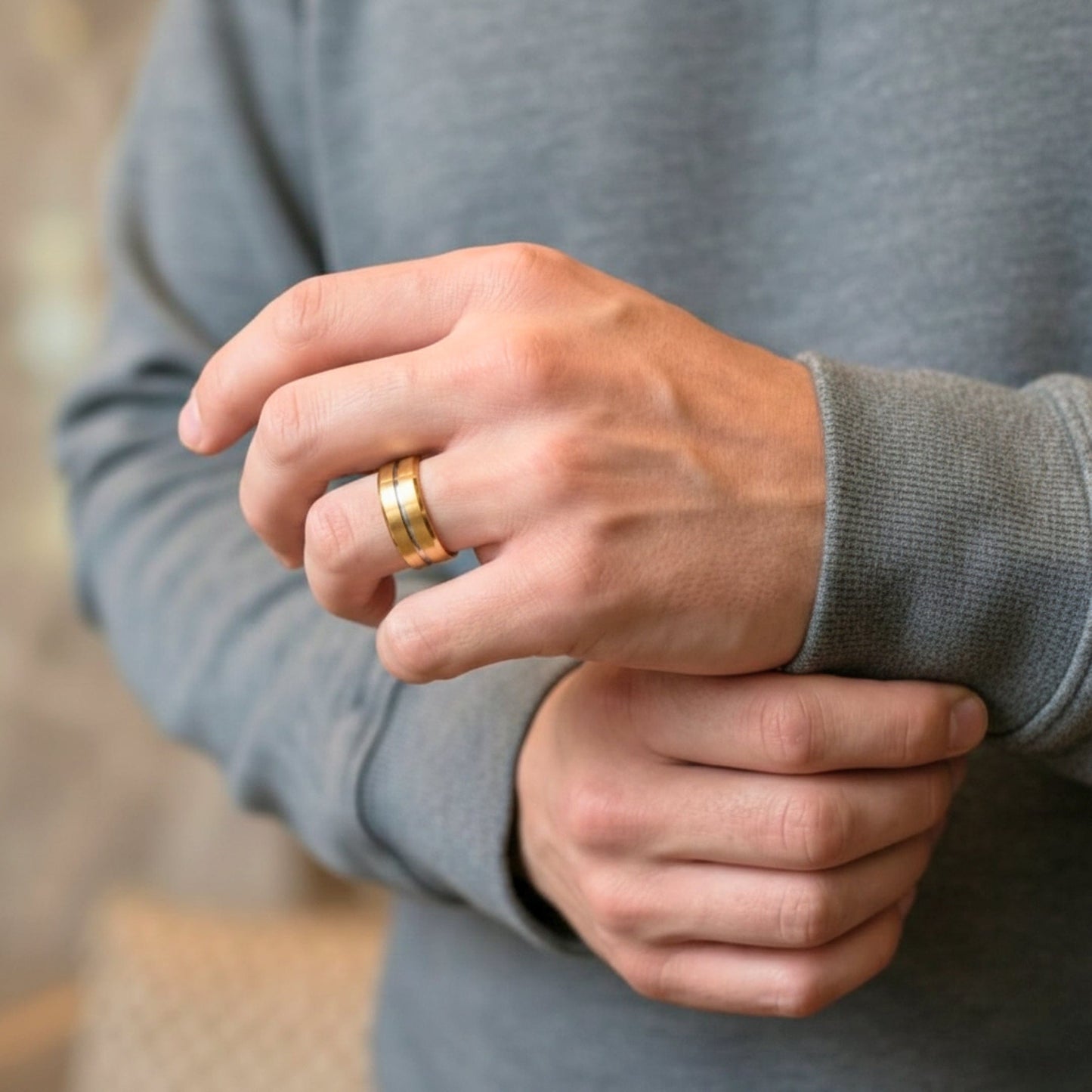 AUREX GOLDEN NOIR RING - Pure Stainless Steel Men’s Gold-Steel Plated Ring (Size : 17-22-27) - THE MEN THING