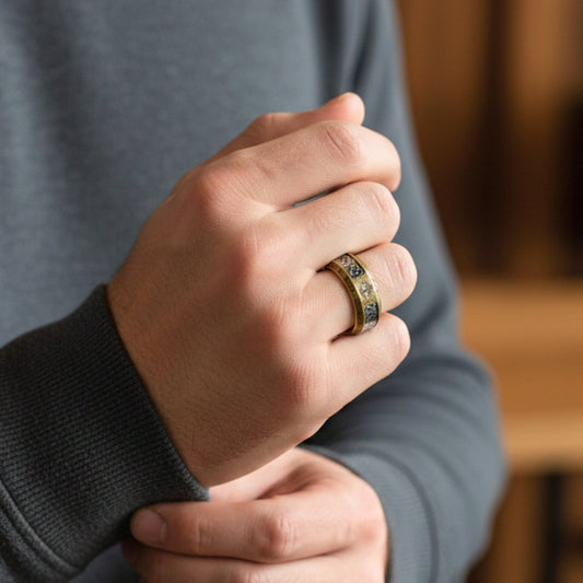 AUREX RUNE -  Pure Stainless Steel Men’s Antique Golden - Plated Ring (Size : 17-22-26) - THE MEN THING