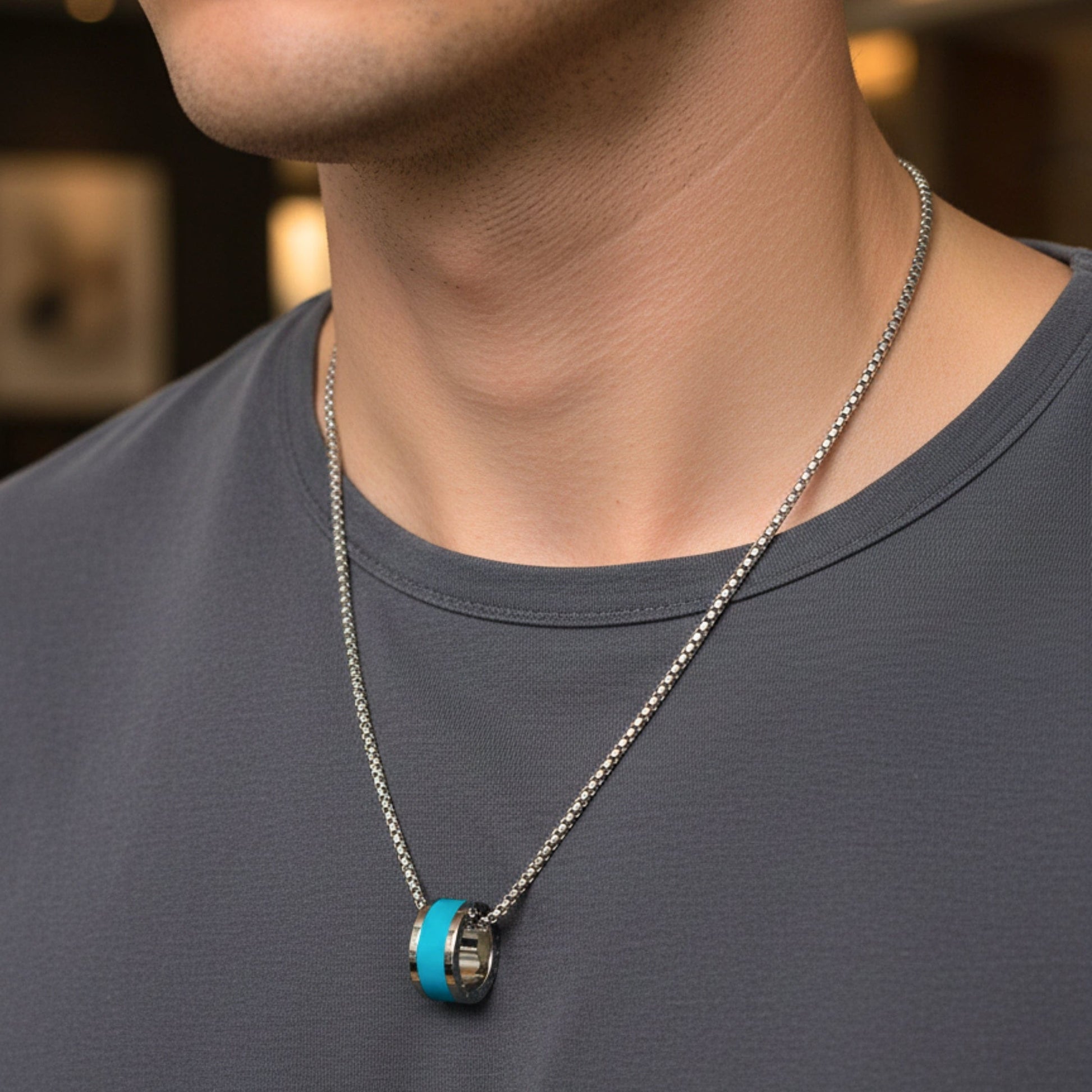 AURORA CORE - Turquoise Blue 21mm Titanium Steel Pendant with 24inch Round Box 4mm Chain for Men & Boys - THE MEN THING