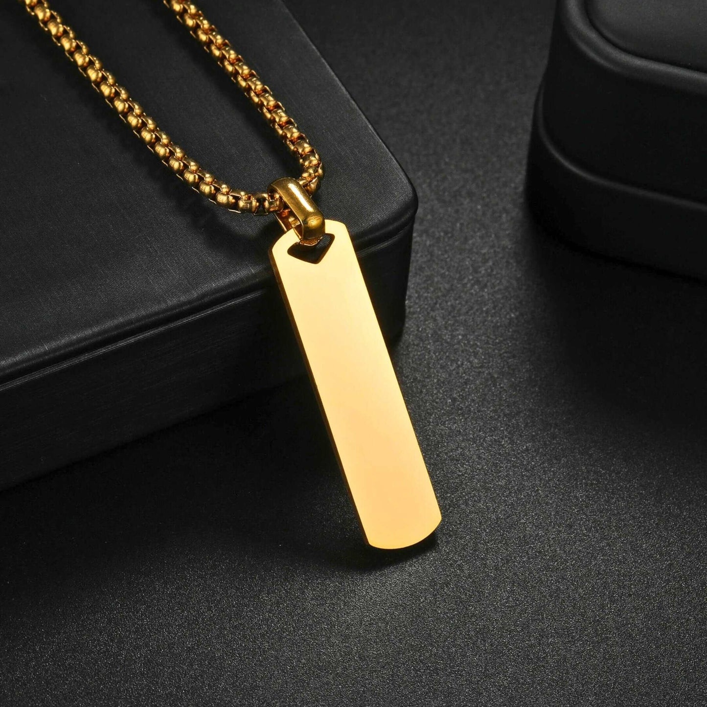 ENGRAVED - AURUM BAR - 11mm Titanium Steel Pendant with 24inch Round Box 4mm Chain for Men & Boys