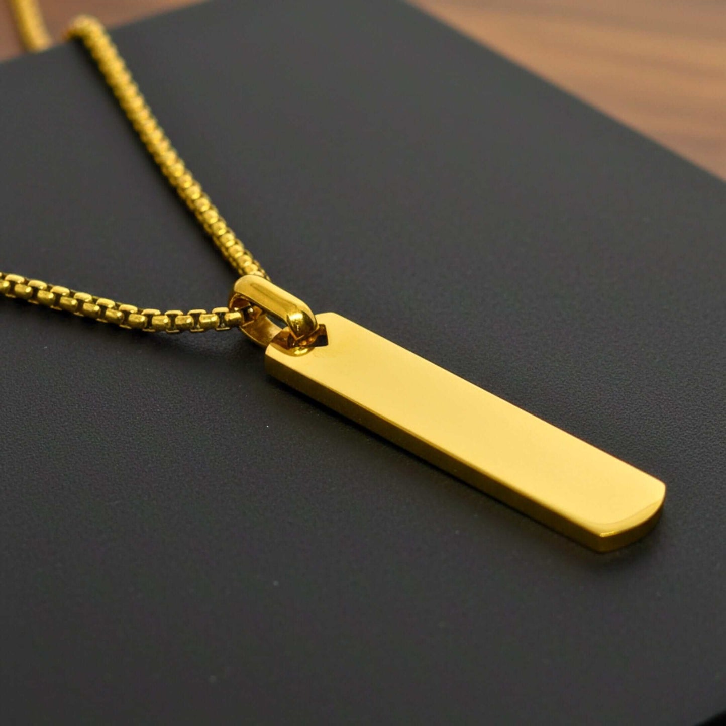 ENGRAVED - AURUM BAR - 11mm Titanium Steel Pendant with 24inch Round Box 4mm Chain for Men & Boys
