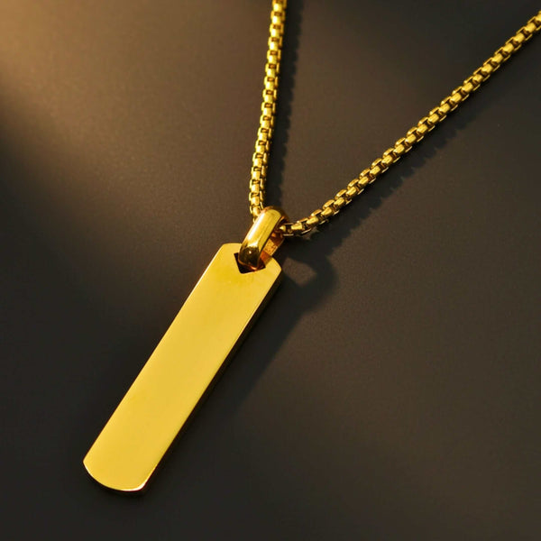 ENGRAVED - AURUM BAR - 11mm Titanium Steel Pendant with 24inch Round Box 4mm Chain for Men & Boys