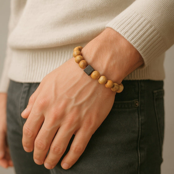 AXIS JASPER - 12mm Beads Bracelet with Natural Stone - Adjustable Bracelet