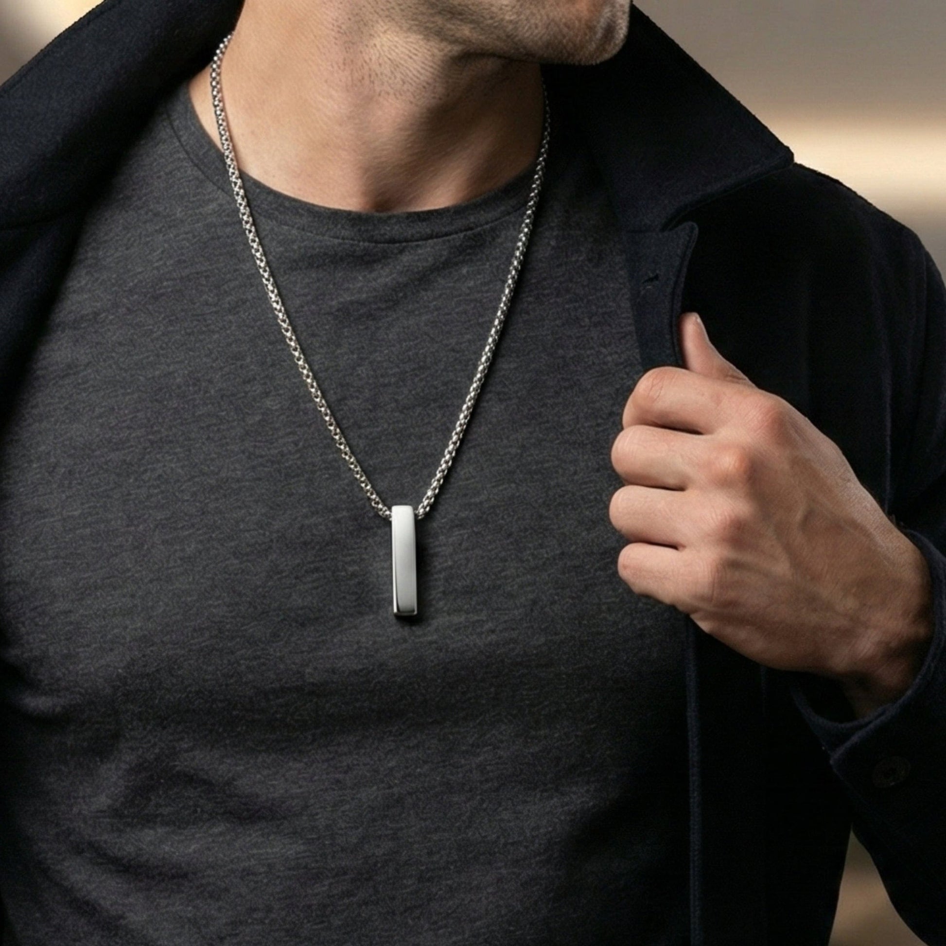 AXIS VERTICAL BAR - 6mm Pure Titanium Steel  Pendant with 24inch Round Box 4mm Chain for Men & Boys - THE MEN THING