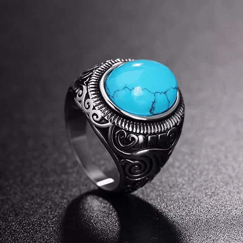 AZURE DREAMS Titanium Steel Ring - Retro Vintage Blue Stone (Size : 17-21- 24) - THE MEN THING
