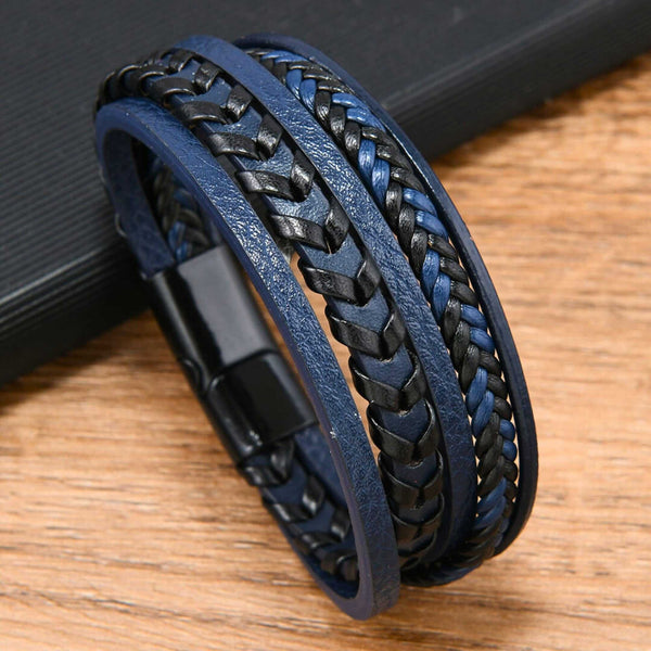 AZURE WAVE - Blue 25mm Genuine Leather Multi-Layer Bracelet with Stainless Steel Magnetic Black Buckle for Men & Boys (8 inch)