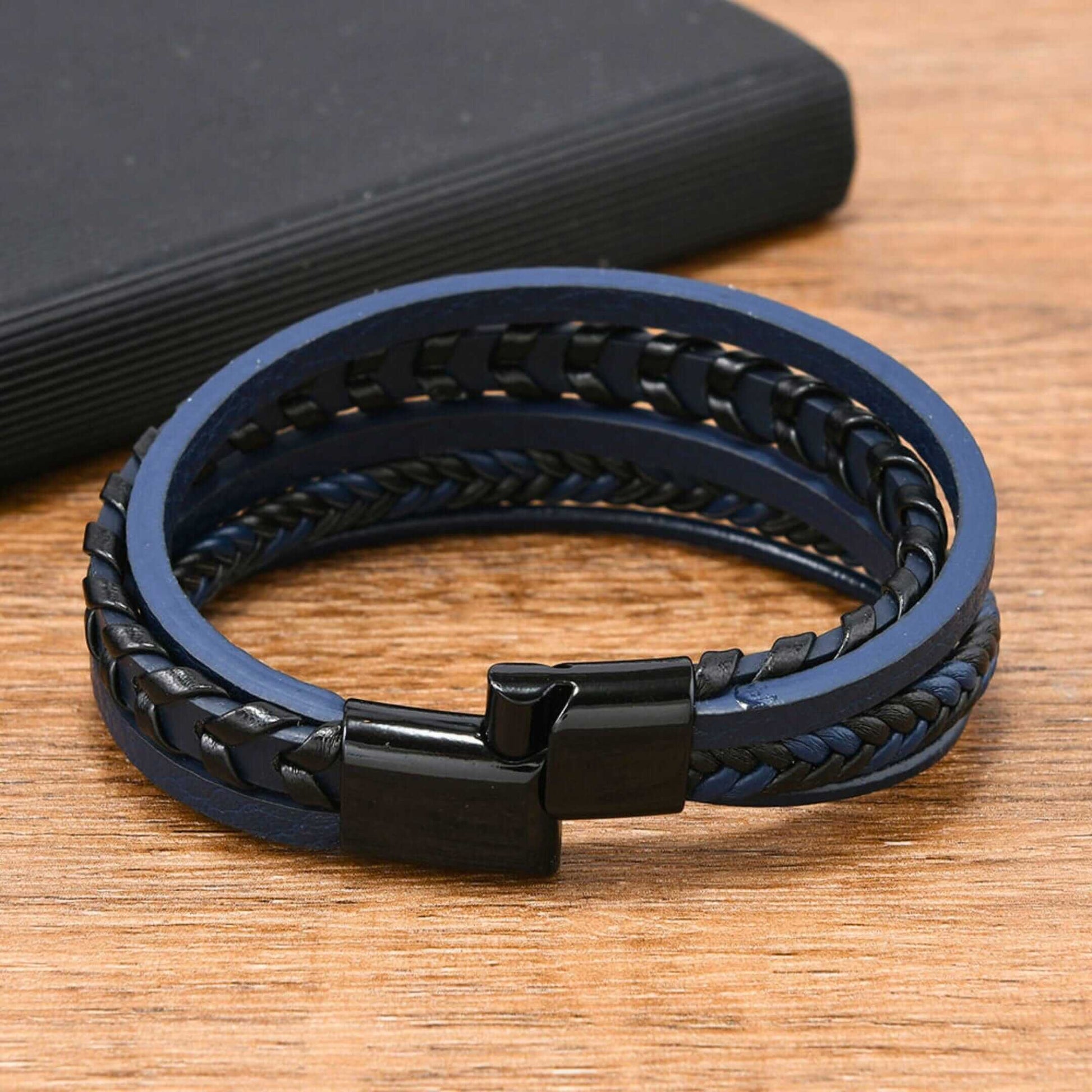 AZURE WAVE - Blue 25mm Genuine Leather Multi-Layer Bracelet with Stainless Steel Magnetic Black Buckle for Men & Boys (8 inch) — Leather Bracelet for Men | THE MEN THING